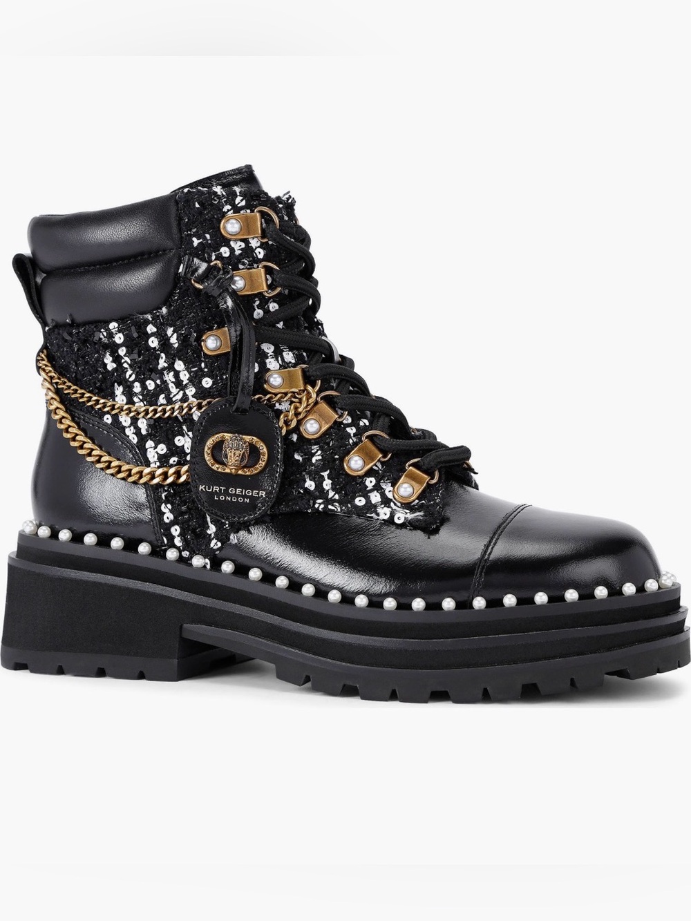 Kurt Geiger Studded Lug Sole Bootie- Black Sequin & Leather Lace-Up Ankle Boot